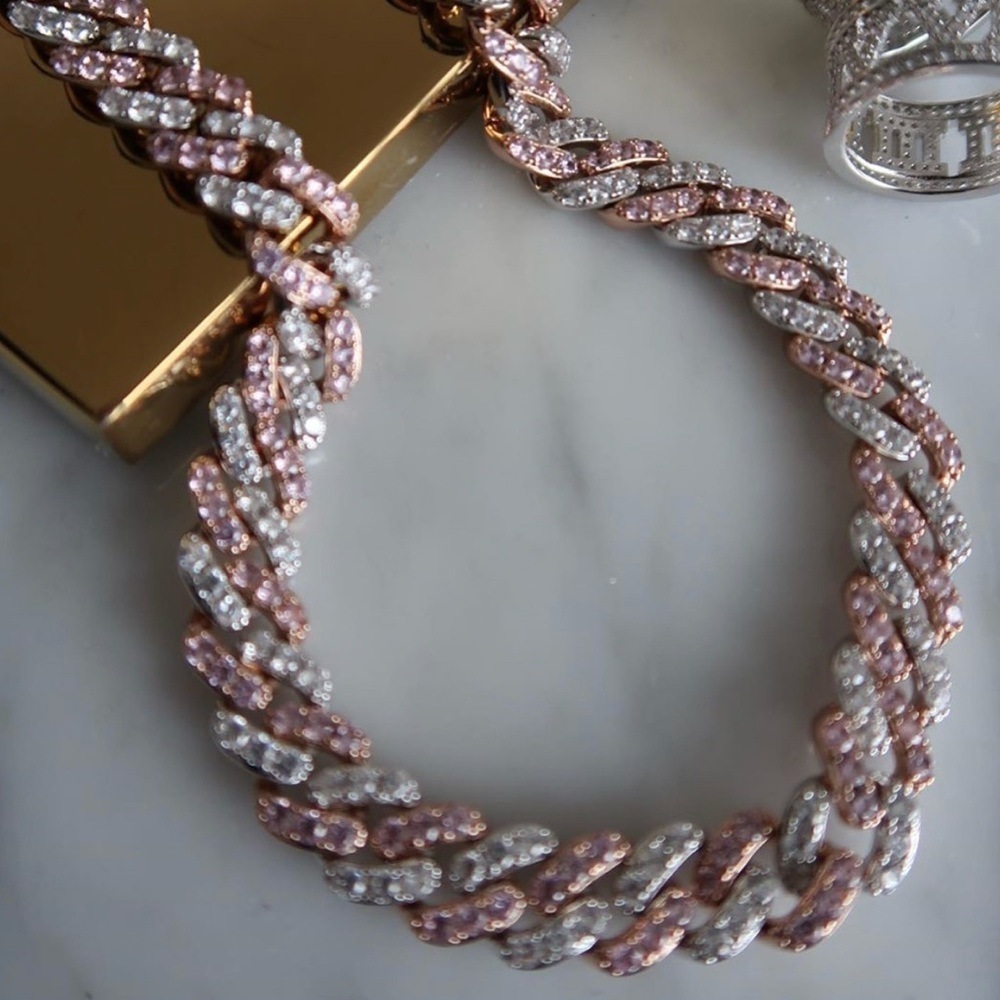 Rose Gold pink and Silver Women's Cuban Necklace 16inch